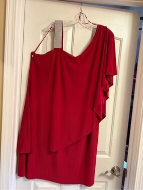 R&M Richards Red One-Shoulder Dress with Rhinestone Strap